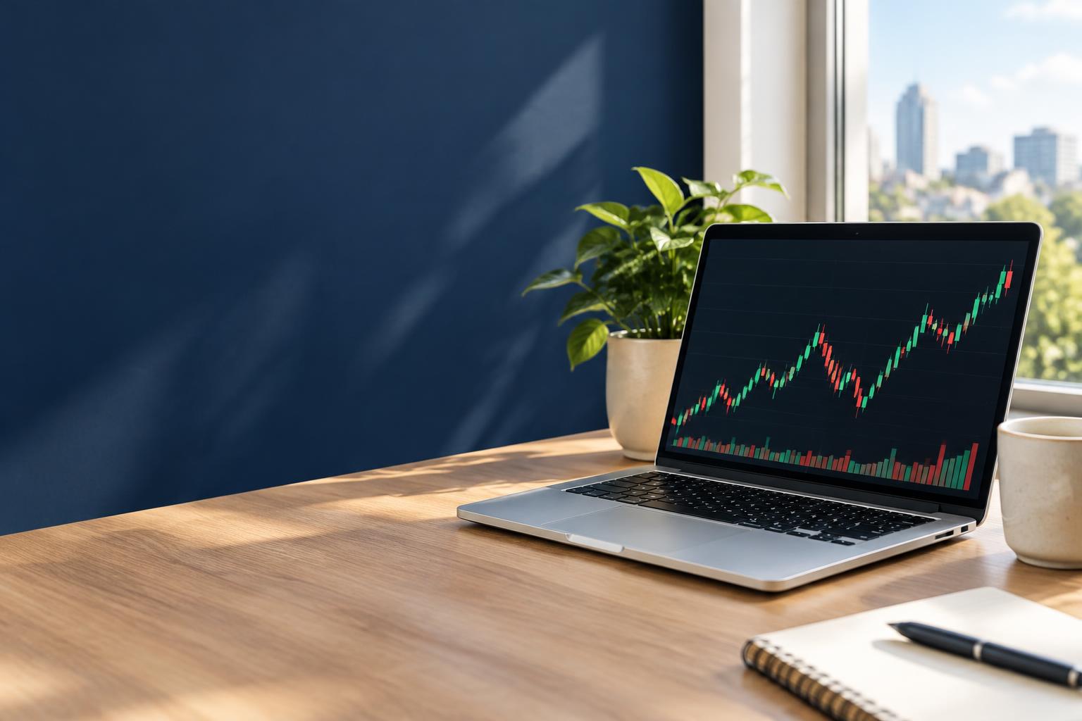 Una computadora con un gráfico de acciones en un escritorio de casa